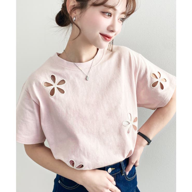 フラワー刺繍半袖Tシャツ[品番：ERMW0000188]｜moment+（モーメント