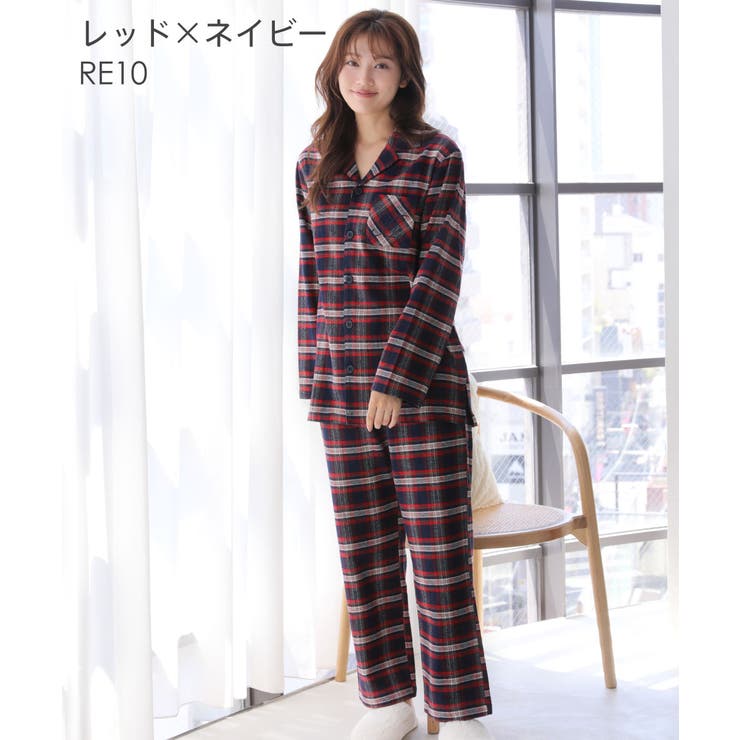 綿100% ネルシャツ パジャマ 長袖 上下セット (男女兼用サイズ)[品番
