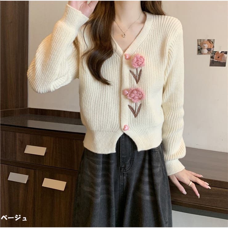花刺繍ニットカーディガン 3D フラワーニット 長袖 セーター 韓国風 秋