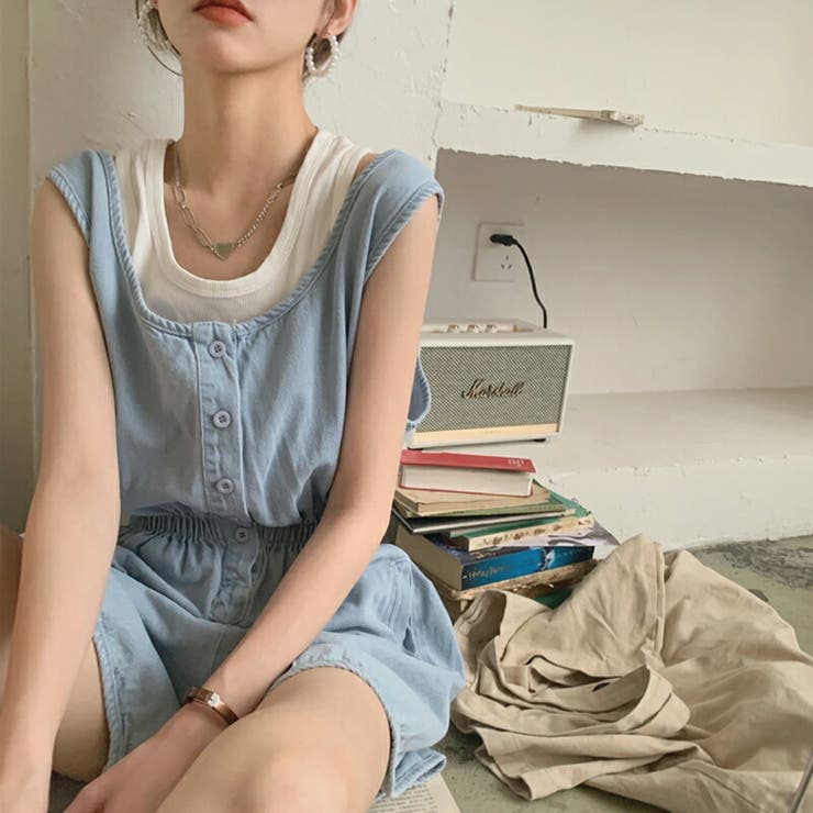 レディースショートパンツ デニムオールインワン ノースリーブジャンプ