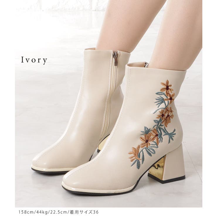 花柄刺繍チャンキーショートブーツ 女性 レディース[品番：LCLW0004784