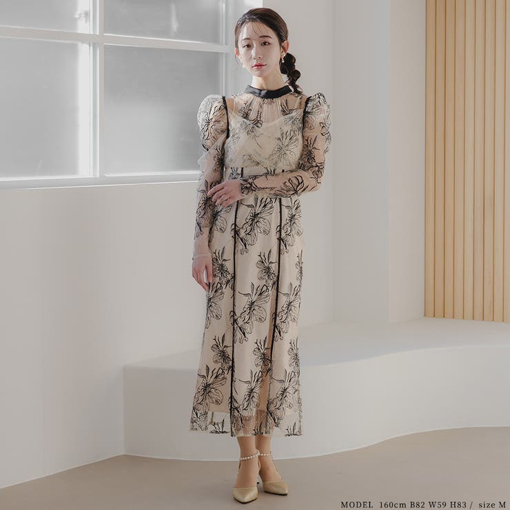 バックリボン刺繍レースドレス バックリボン 花柄[品番：GRVW0001180