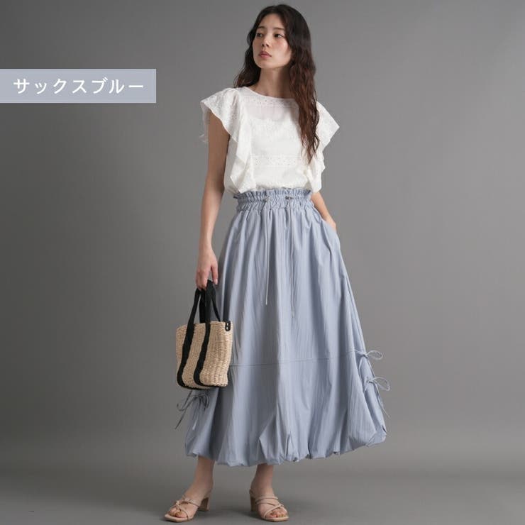 ナチュラルワッシャー 両脇リボン バルーンスカート[品番：TWPW0002056