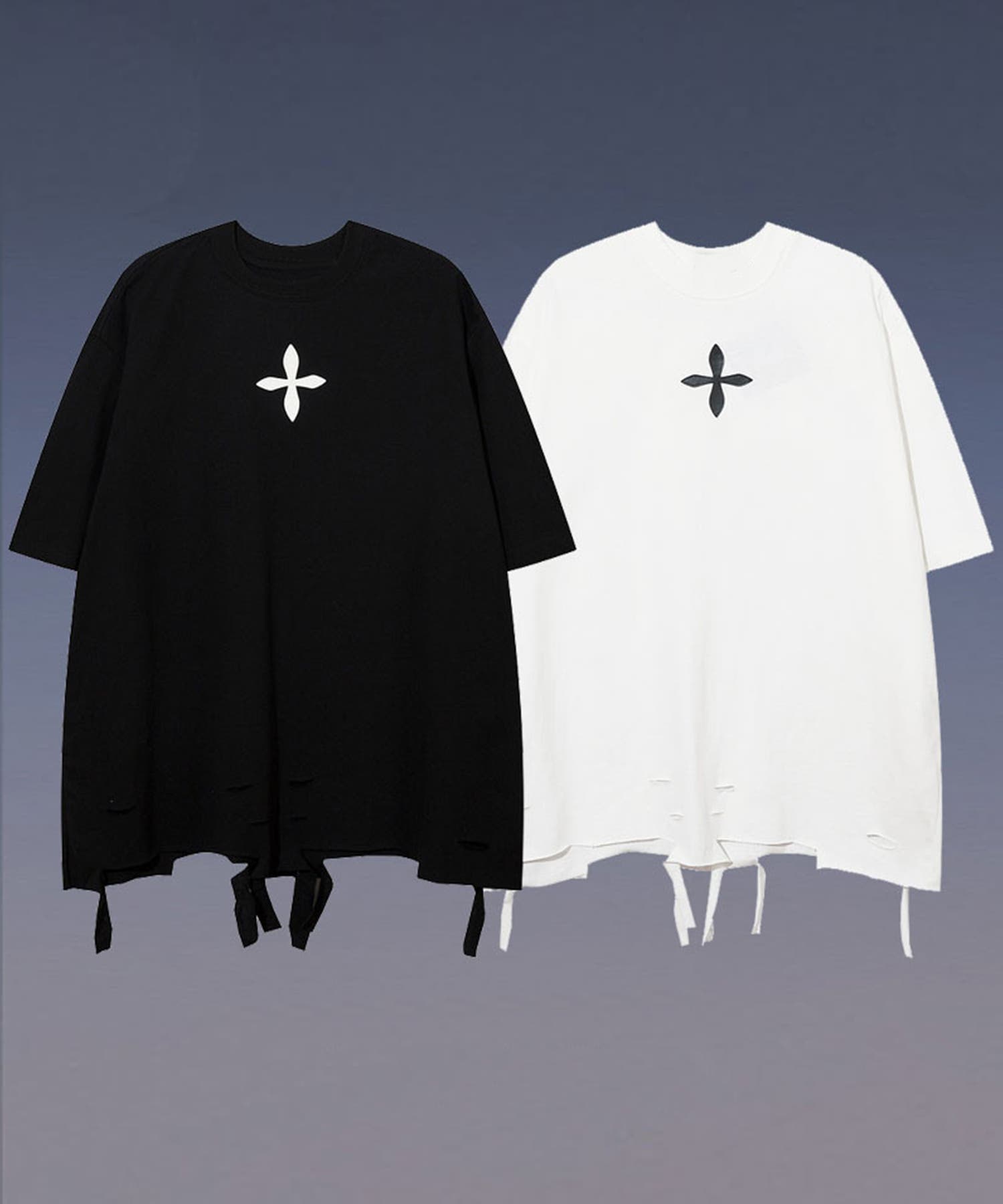 Tシャツ【HOOK】個性派十字架パッチダメージ裾ビッグTEE カジュアル