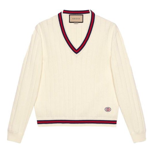Men's Gucci SS21 Knit V Neck Webbing Wool Sweater Beige 653626