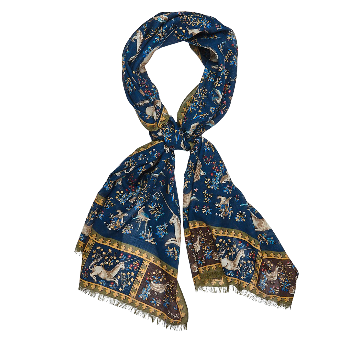 Drake's | Blue Wool Silk Unicorn Print Scarf | Fine Menswear since
