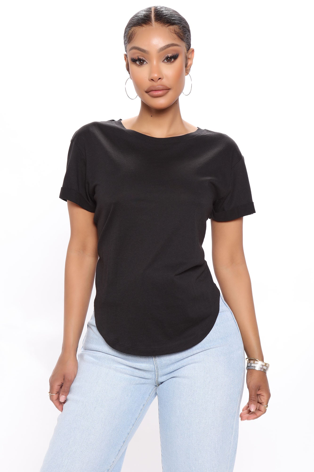 Annie Cuffed Short Sleeve Top - Black | Fashion Nova