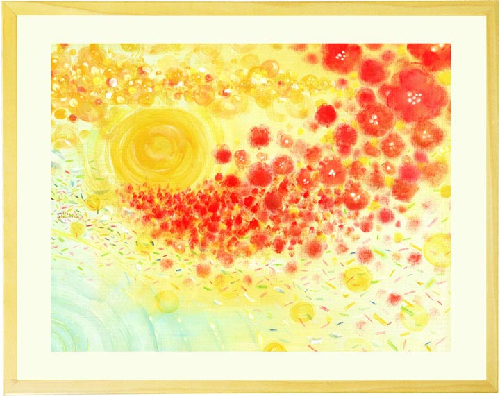 黄色と赤色の癒しの抽象画・額入り絵画 「どきっ、わくわく、うきうき