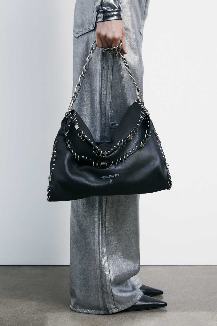 Leather shoulder bag with studs and appliqués | Black | Patrizia Pepe