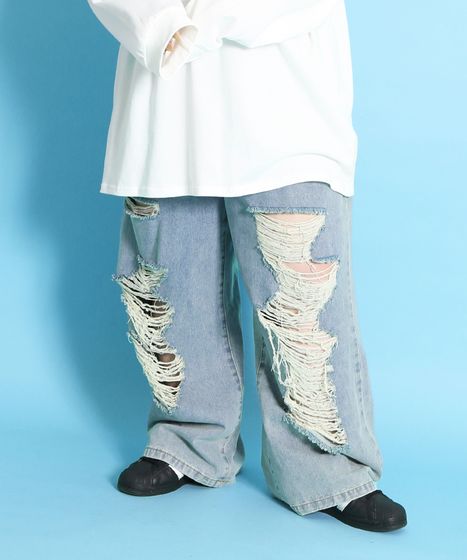 ダメージデニムワイドパンツ[商品：PN24SS-063] - PUNYUS Online Store