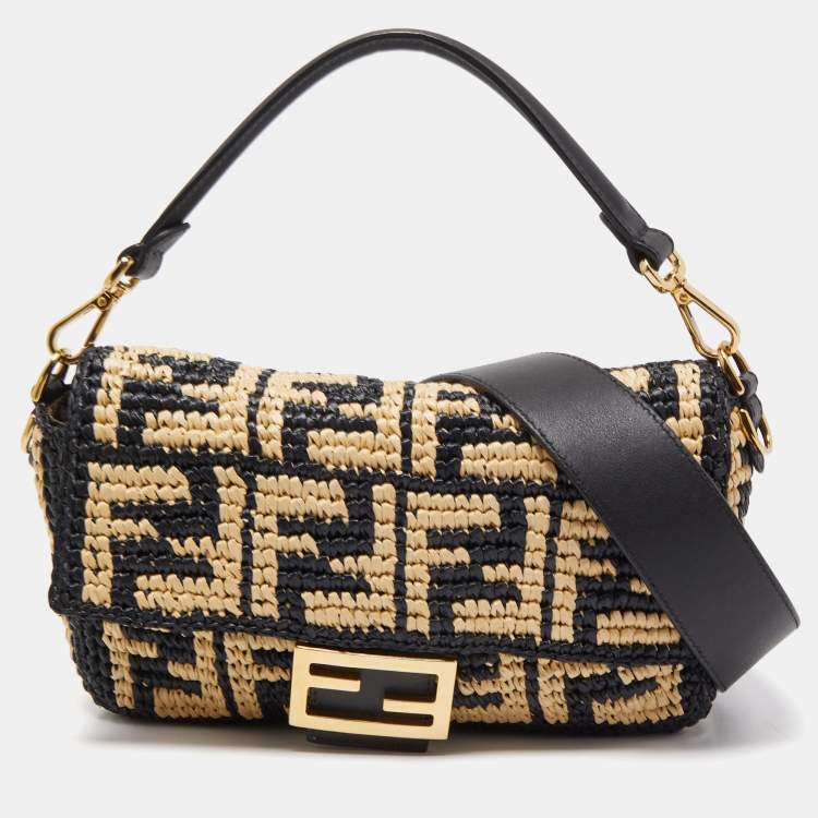 Fendi Black/Beige Zucca Raffia and Leather Baguette Flap Bag Fendi