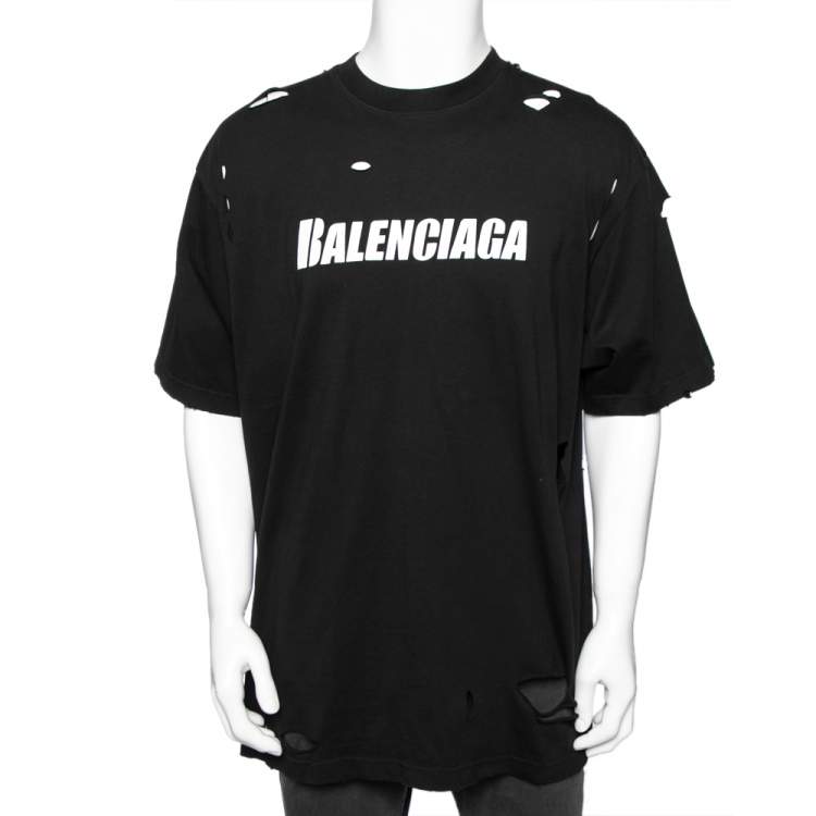 Balenciaga Black Cotton Caps Destroyed Flatground Crew Neck T