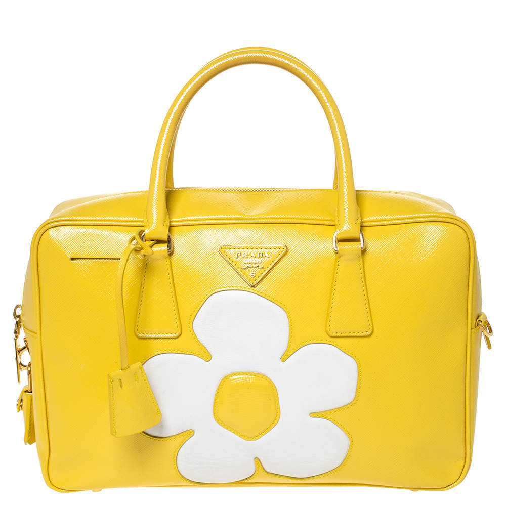 Prada Yellow/White Saffiano Patent Leather Flower Bauletto Bag