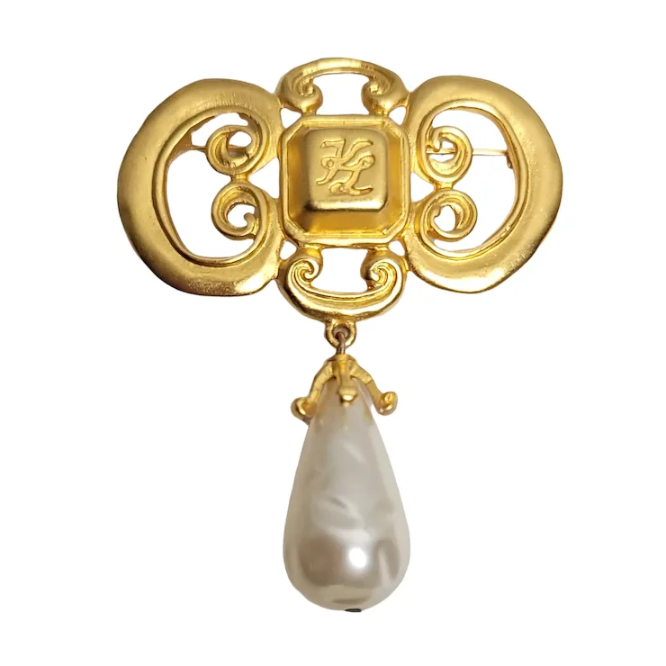 Karl Lagerfeld Vintage Gold-Tone Banner Baroque Pearl Drop Brooch