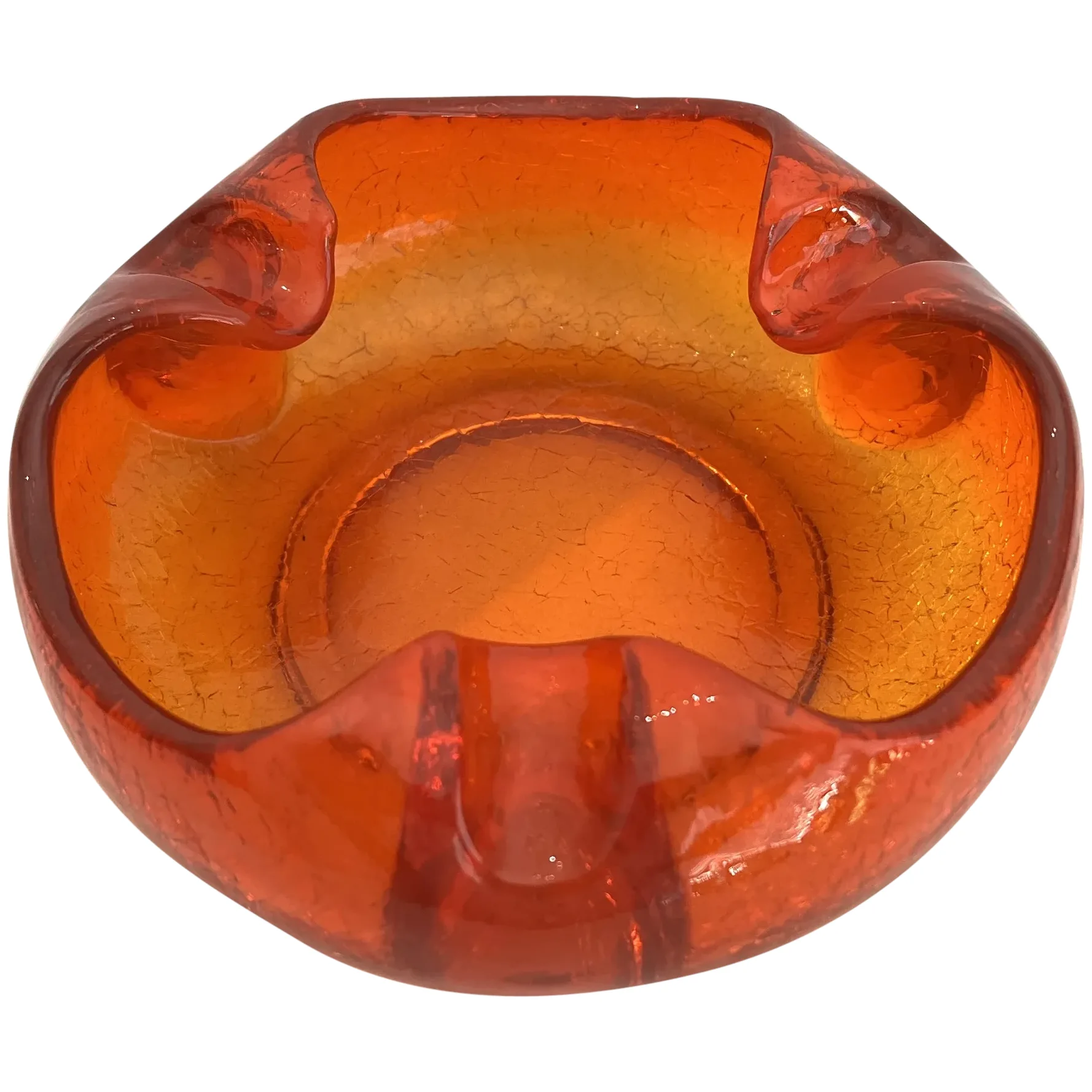Mid Century Viking Crackle Glass Ashtray Persimmon Orange. For