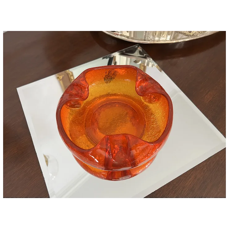 Mid Century Viking Crackle Glass Ashtray Persimmon Orange. For