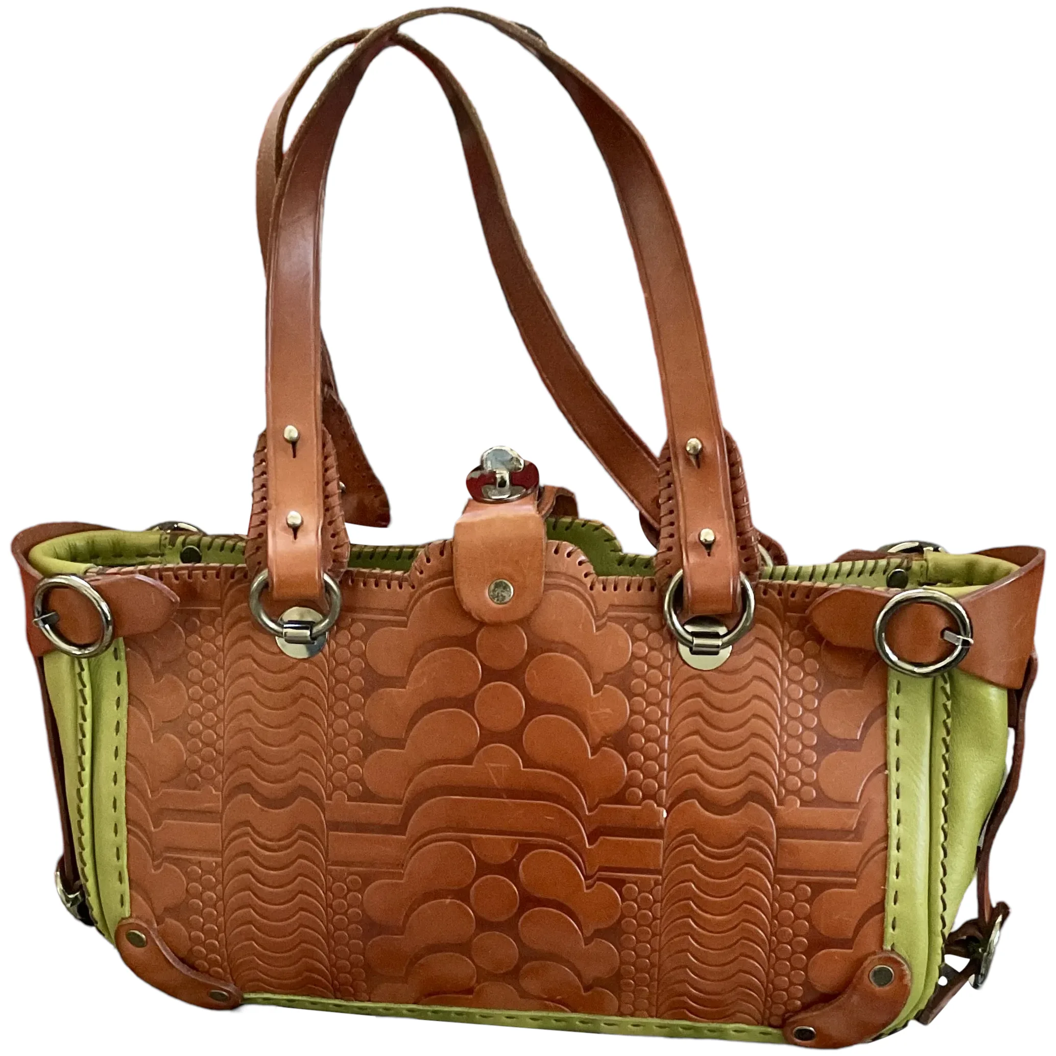 Vintage Jamin Puech Large Chartreuse Satchel Bag with Tooled
