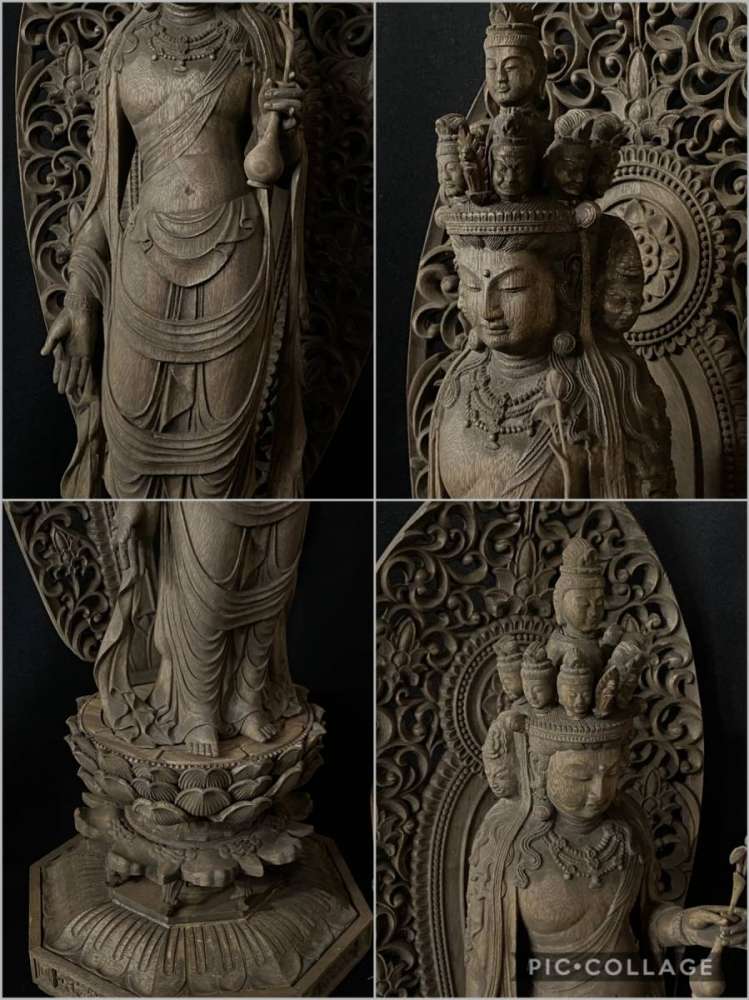 日本佛師原木手雕井波彫刻香樟木十一面觀音62cm高大型細密雕刻- 二手或