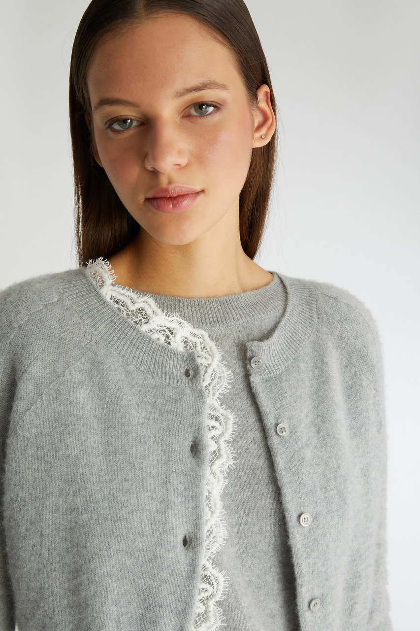 Ermanno Scervino Pure Cashmere Cardigan with Lace Front in Grey