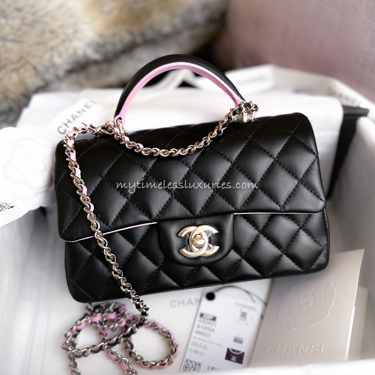 CHANEL 23P Black/ Lilac Pink Mini Top Handle LGHW *New - Timeless