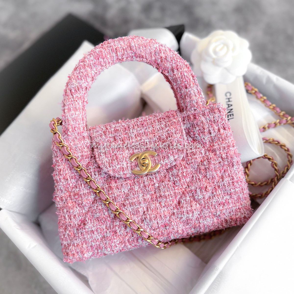 CHANEL 24P Pink Tweed Kelly Mini Shopping Bag GHW *New - Timeless