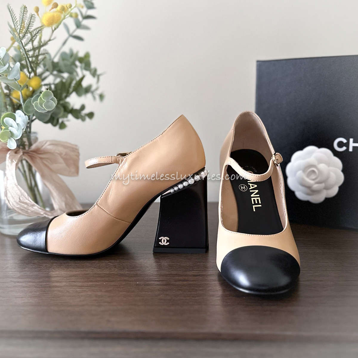 CHANEL 22A Runway Beige/ Black Pearl Embellished Shoes 36.5 *New