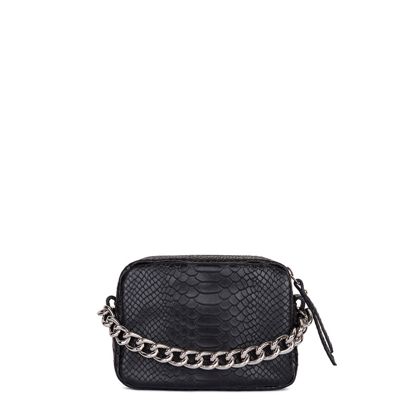 Black Embossed Leather Chain Trim Shoulder Bag Rimini | TJ COLLECTION