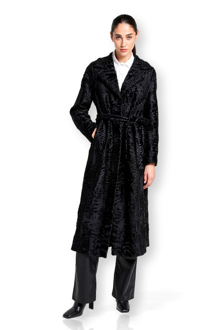 Black SWAKARA Coat Seyyal Belt Lapel Collar Front 3/4 Length