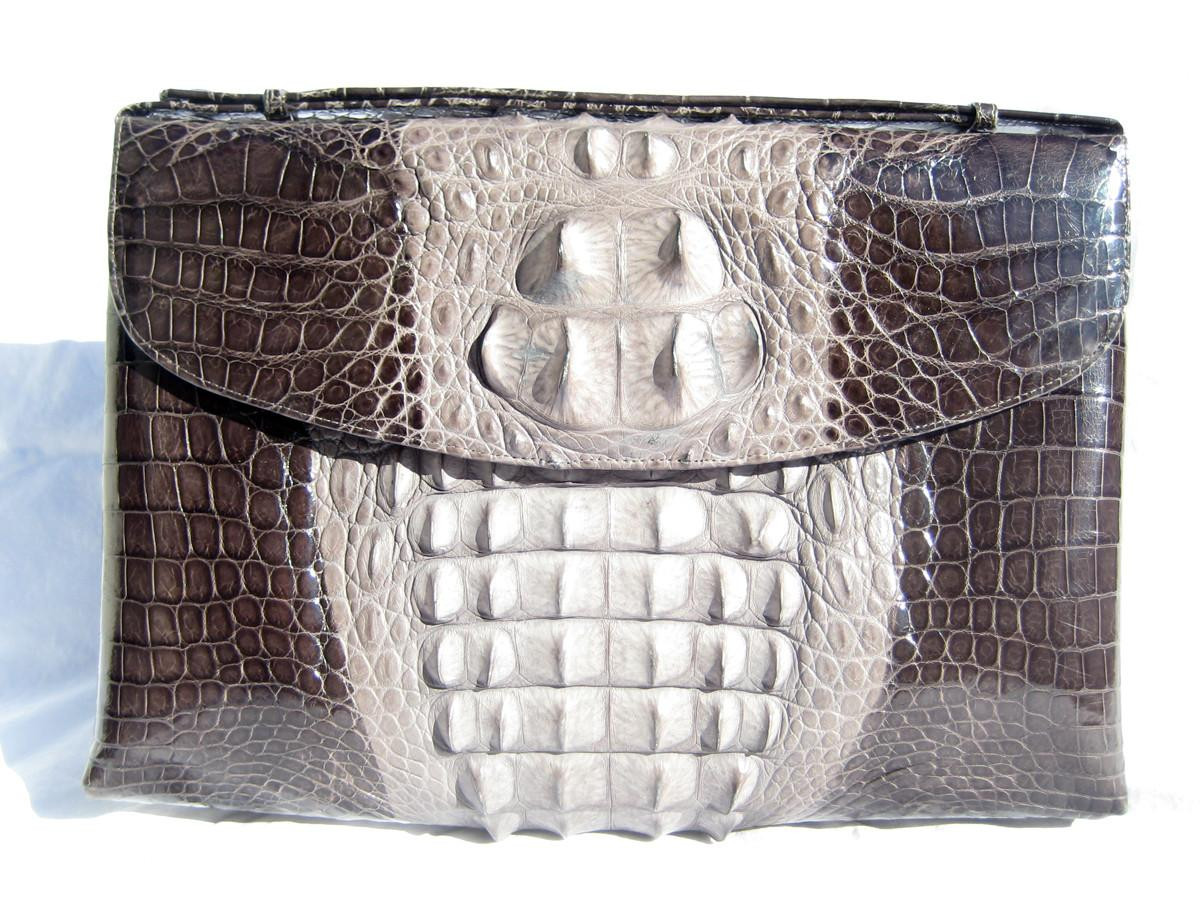 1960's XL Stunning Charcoal & Light Gray Hornback CROCODILE Clutch