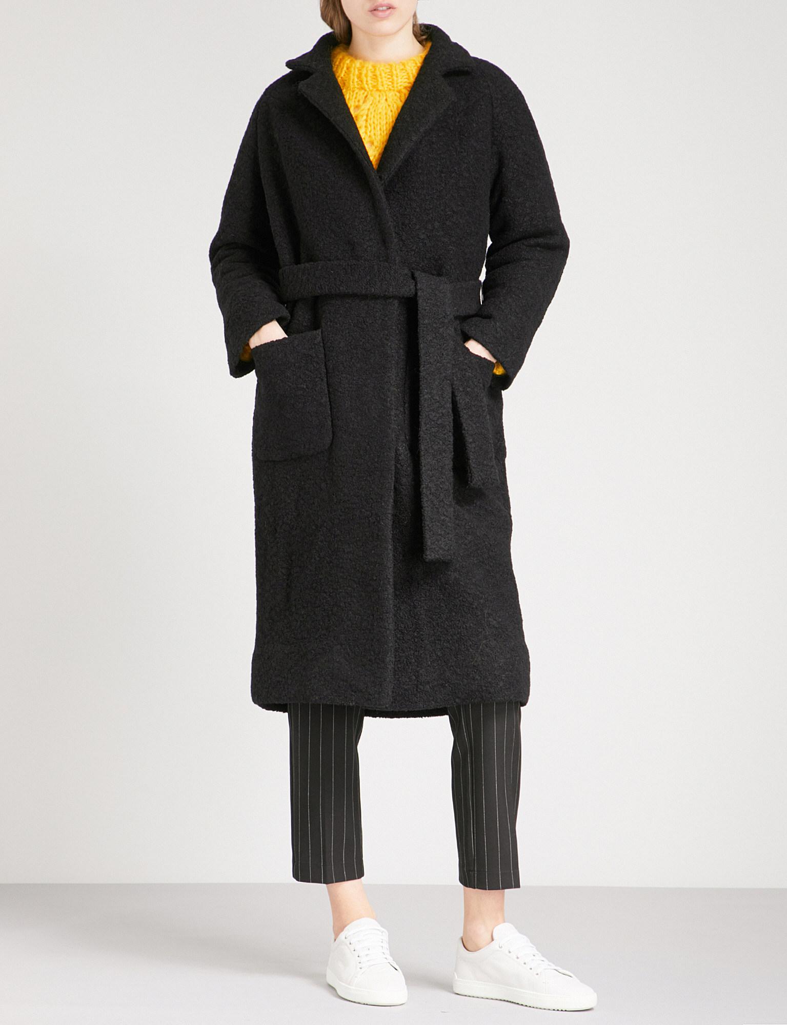 Ganni Fenn Bouclé Wool-blend Wrap Coat in Black | Lyst UK