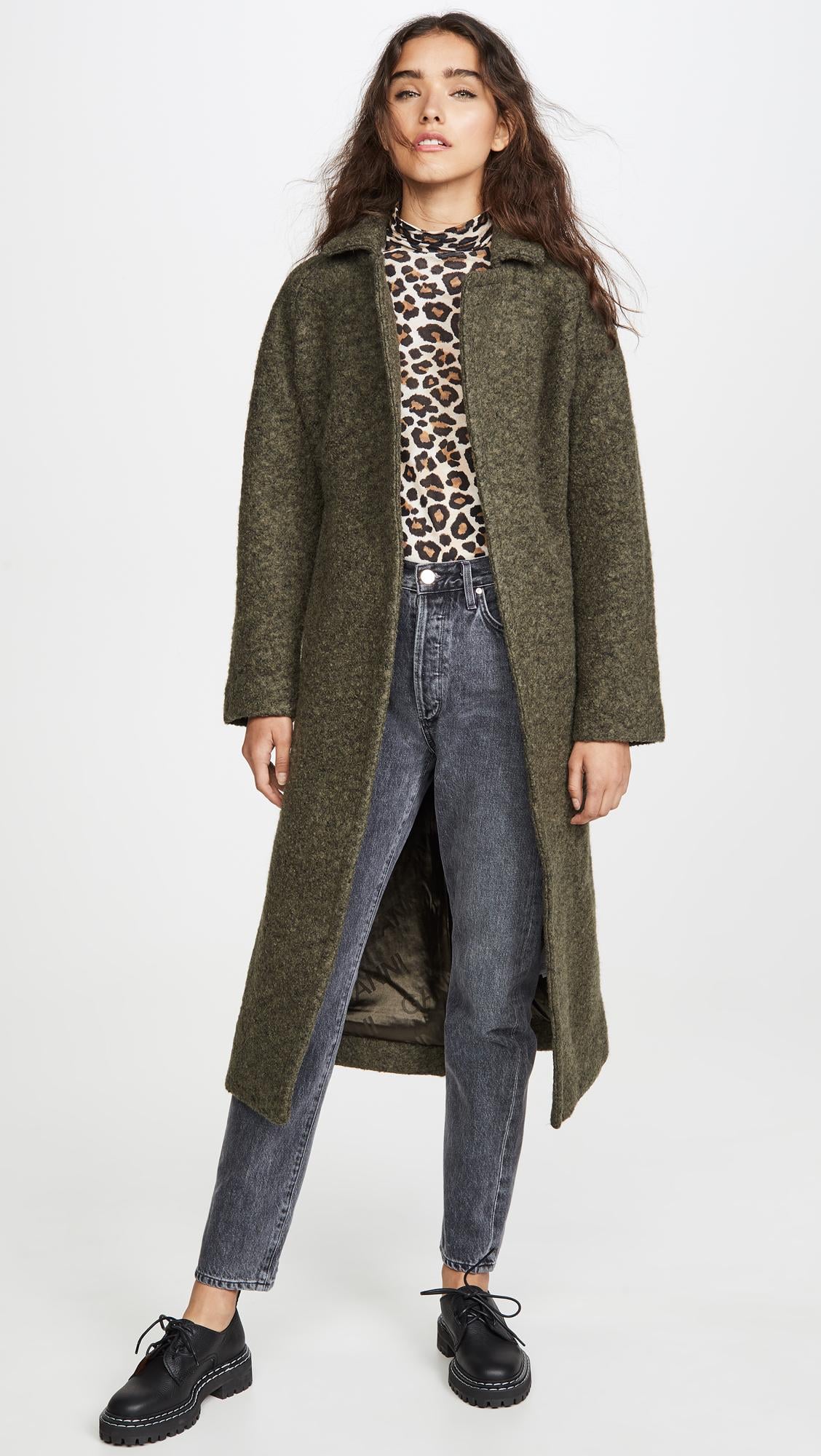 Ganni Boucle Wool Coat in Green | Lyst