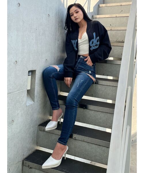 ミドルウエストサイドリップドスキニーデニムパンツ（デニムパンツ