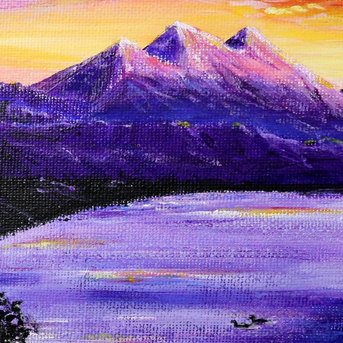 原画☆夕焼けと湖☆アクリル画・キャンバス 紫色の湖 夕焼け空 つがい