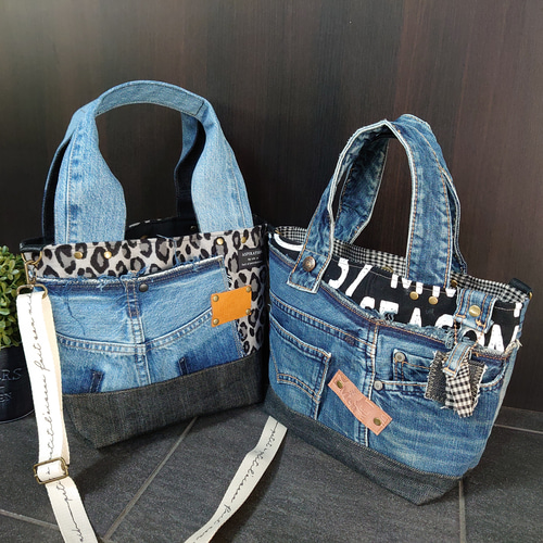 No.197【DENIM✖️英字✖️チェック】デニムリメイクトートバッグ