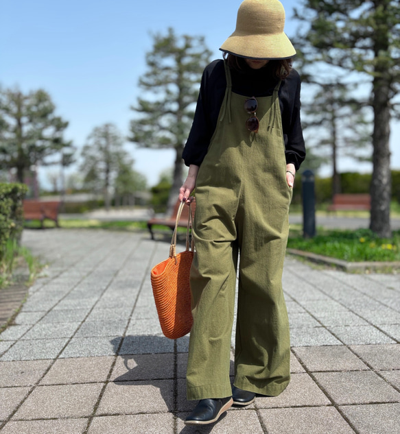 再販5 大人の細見え♪リラックスサロペット(オリーブカーキ）＊受注