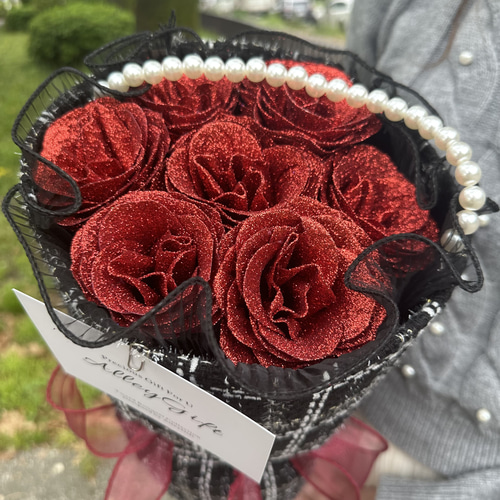 グリッターローズも選べる ワンホンブーケ ツイードブーケ 話題の花屋