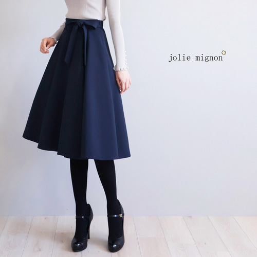 幅広く着回せる◎】リボン付き ドレープフレアスカート【ネイビー