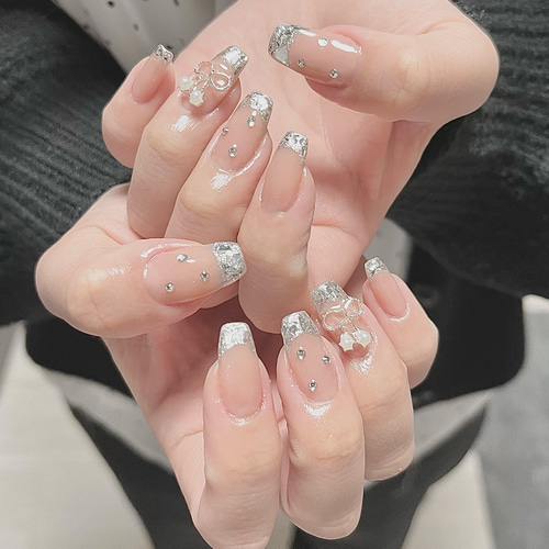 No.107】ガラスフレンチ‎ちゅるん ワンホン ネイルチップ 春 ガーリー