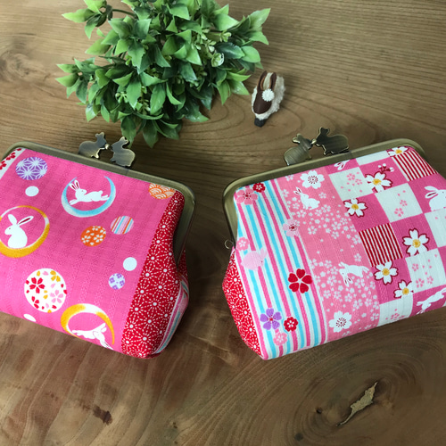 親子がま口ミニ財布「うさぎづくし・市松／花桃」（12㎝口金） がま口