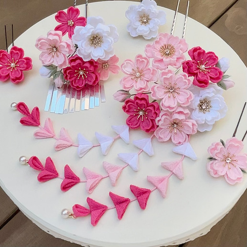 七五三（7歳さん以上向け）桜かんざしセット つまみ細工 ローズピンク