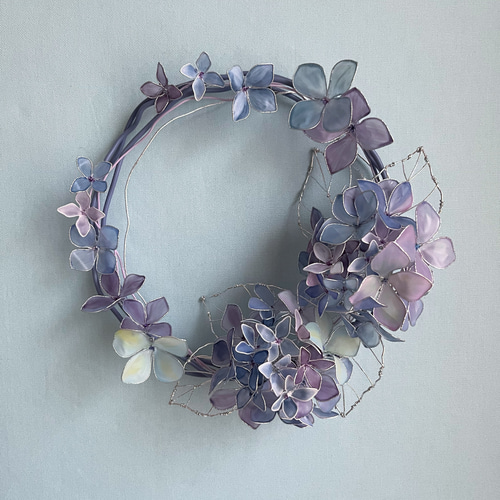 一点物】紫陽花のミニリース 青紫系 ワイヤーアート ディップフラワー