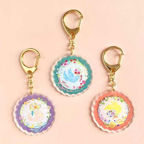 アクリルキーホルダー〈Flower gift〉小鳥の花束のアクキー