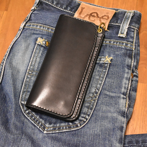 トラッカーウォレット190(ロング) 栃木レザーブラック 手縫い 長財布