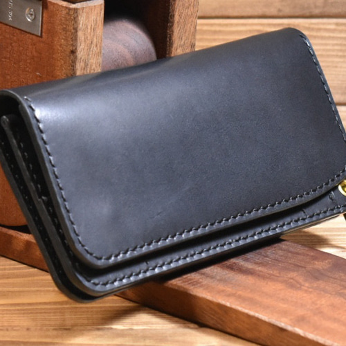 トラッカーウォレット190(ロング) 栃木レザーブラック 手縫い 長財布