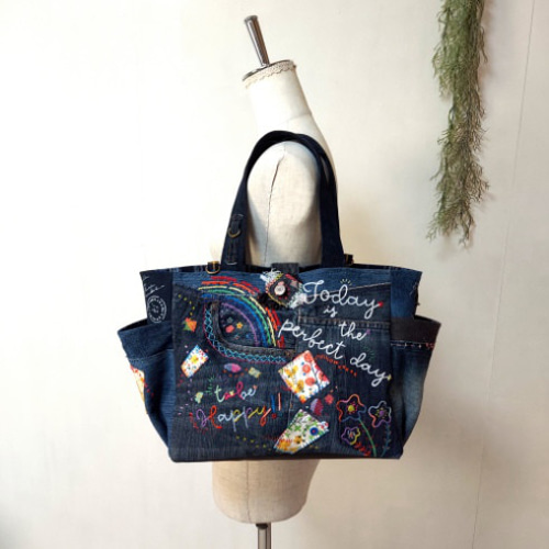 Kal】大きな刺繍デニムバック No.651 デニムリメイク 特大バック Kal様