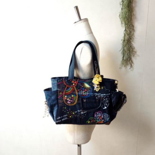 刺繍デニムバック No.554 デニムリメイク ショルダーバッグ サイド
