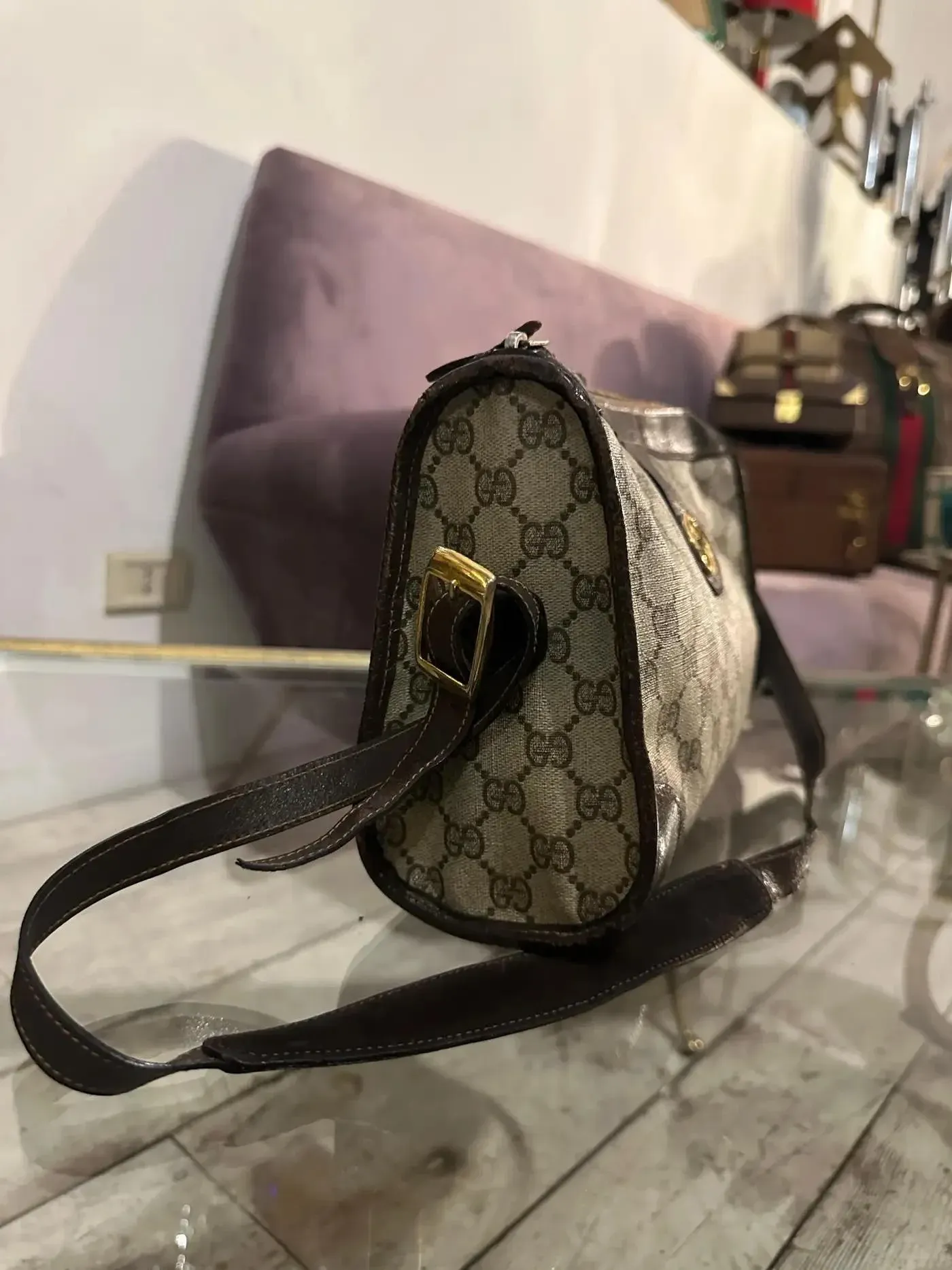 1970s Gucci Canvas and Leather Shoulder Bag With Gold Interlocking