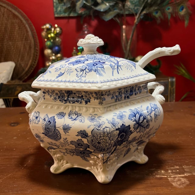 Antique English Staffordshire Blue Transfer Decorated Soup Tureen