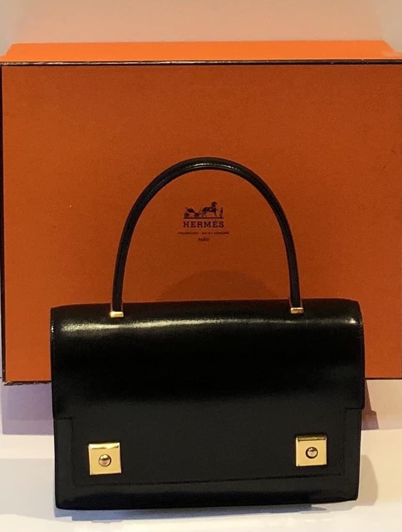 HERMÈS Piano Handbag Black Box Leather Vintage Circa 1960s W/Box