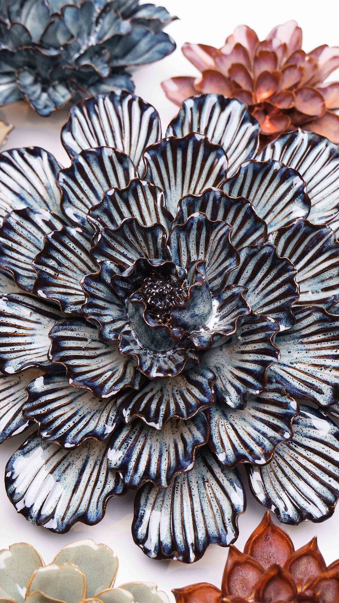 Artificial Blue Ceramic Flowers - Large Wall Art